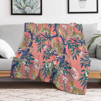 Leopards in Chinoiserie Garden in Blue And Orange Throw Blanket