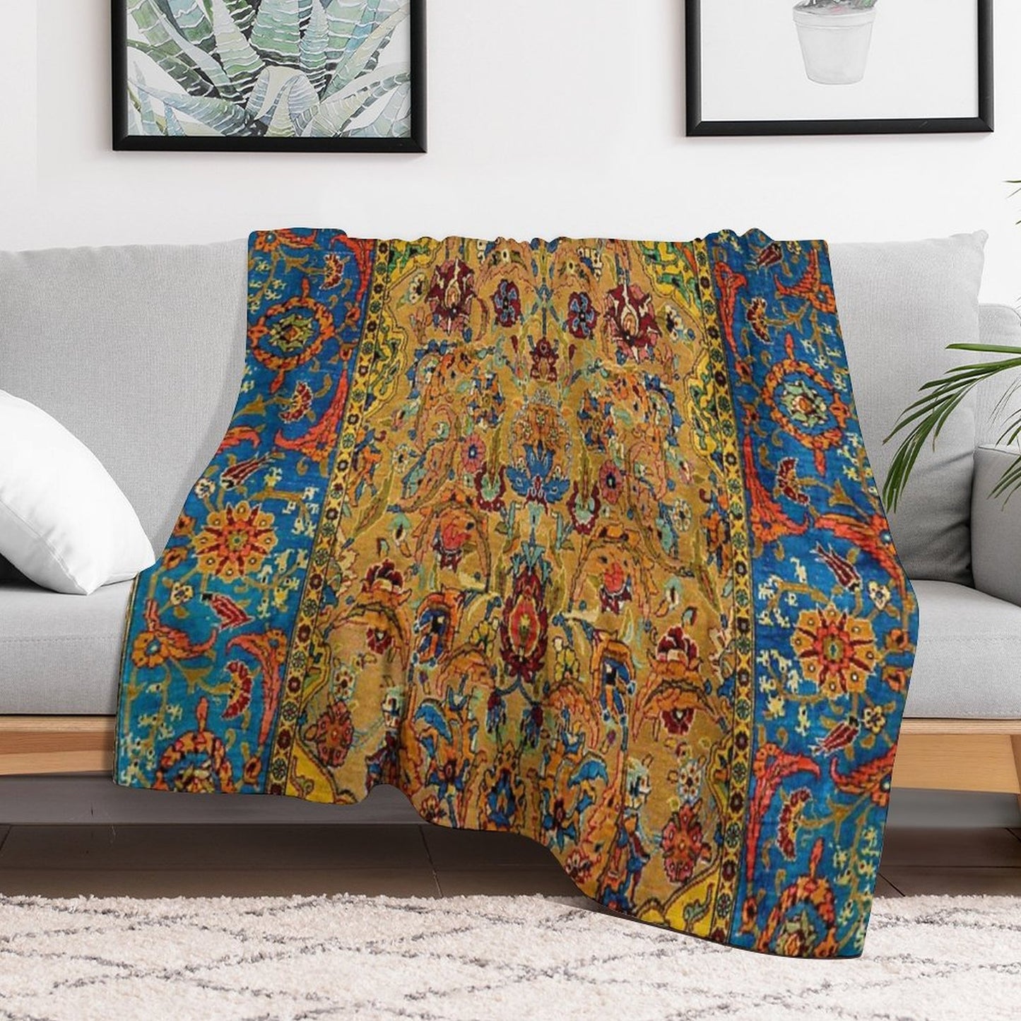 Hereke Vintage Persian Silk Rug Print Throw Blanket