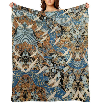 FLYING WHITE CRANES ON BLUE WATER AND SPRING FLOWERS  Antique Japanese Floral Throw Blanket