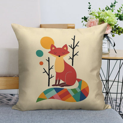 Rainbow Fox Linen Throw Pillow Cover