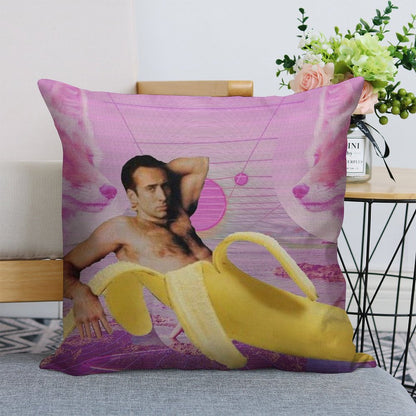 Nicholas Cage Banana Vaporwave Linen Throw Pillow Cover
