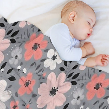 Pink Salmon White Grey Flowers Grey Background Pattern Throw Blanket