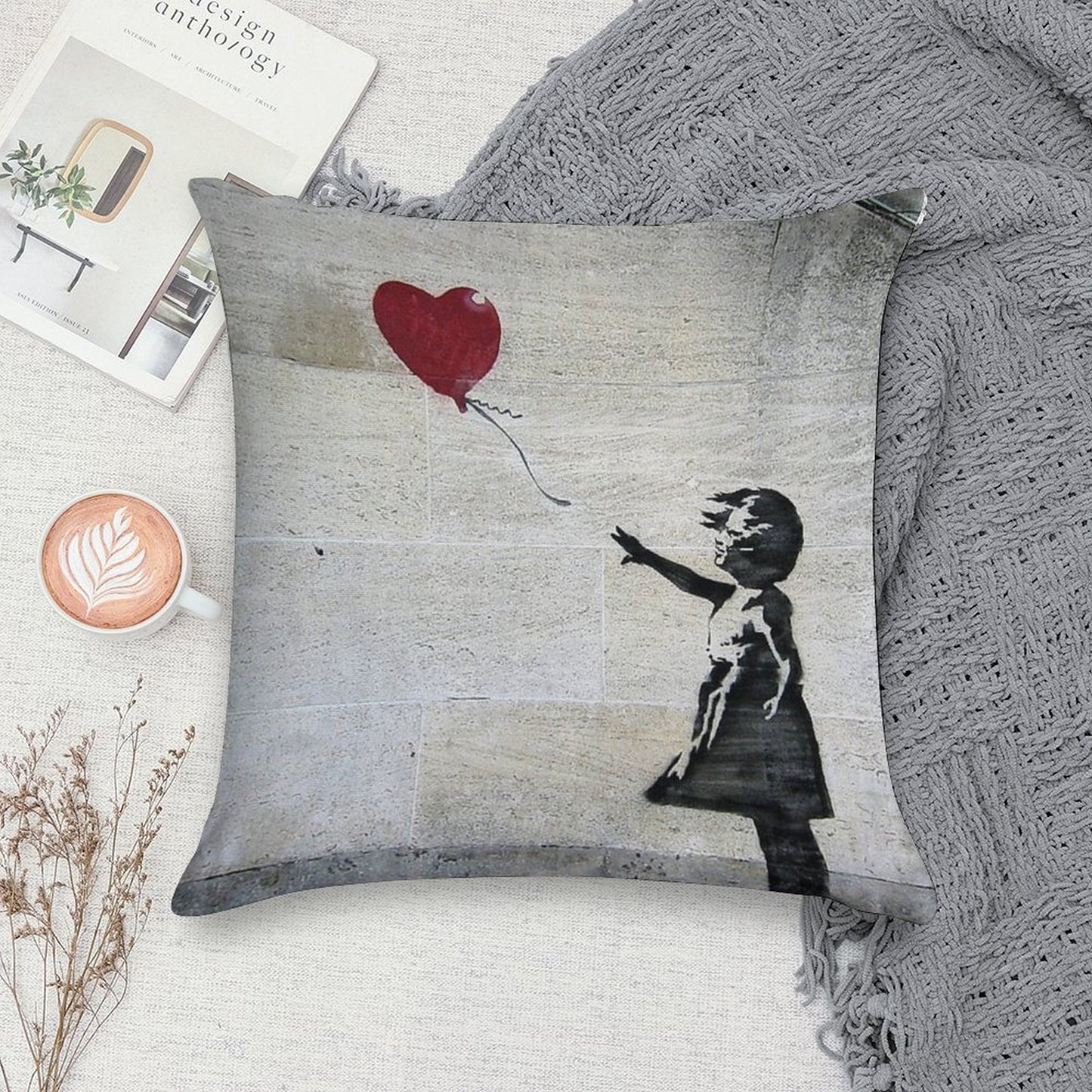 Banksy's Girl with A Red Balloon Soft Washable Throw Pillow