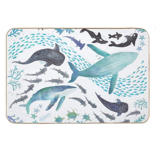 Sharks, Humpback Whales, Orcas & Turtles Ocean Play Print Bath Mat