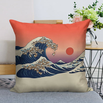 The Great Wave of Shiba Inu Linen Throw Pillow Cover