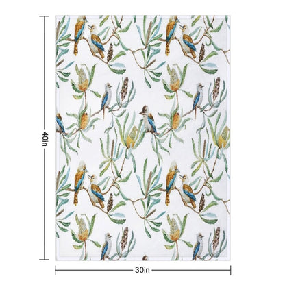 Australian Kookaburras, Waratah Flowers,  Leaves Pattern Throw Blanket
