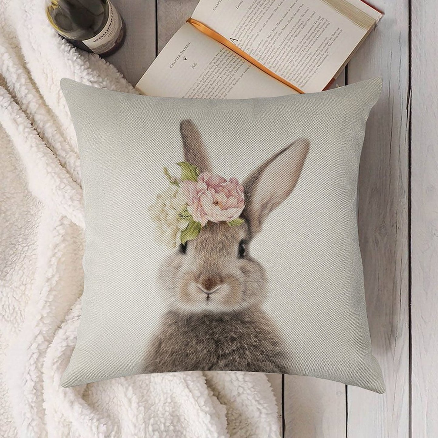 Peek-a-boo Floral Bunny Linen Throw Pillow Cover