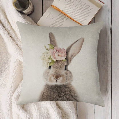 Peek-a-boo Floral Bunny Linen Throw Pillow Cover