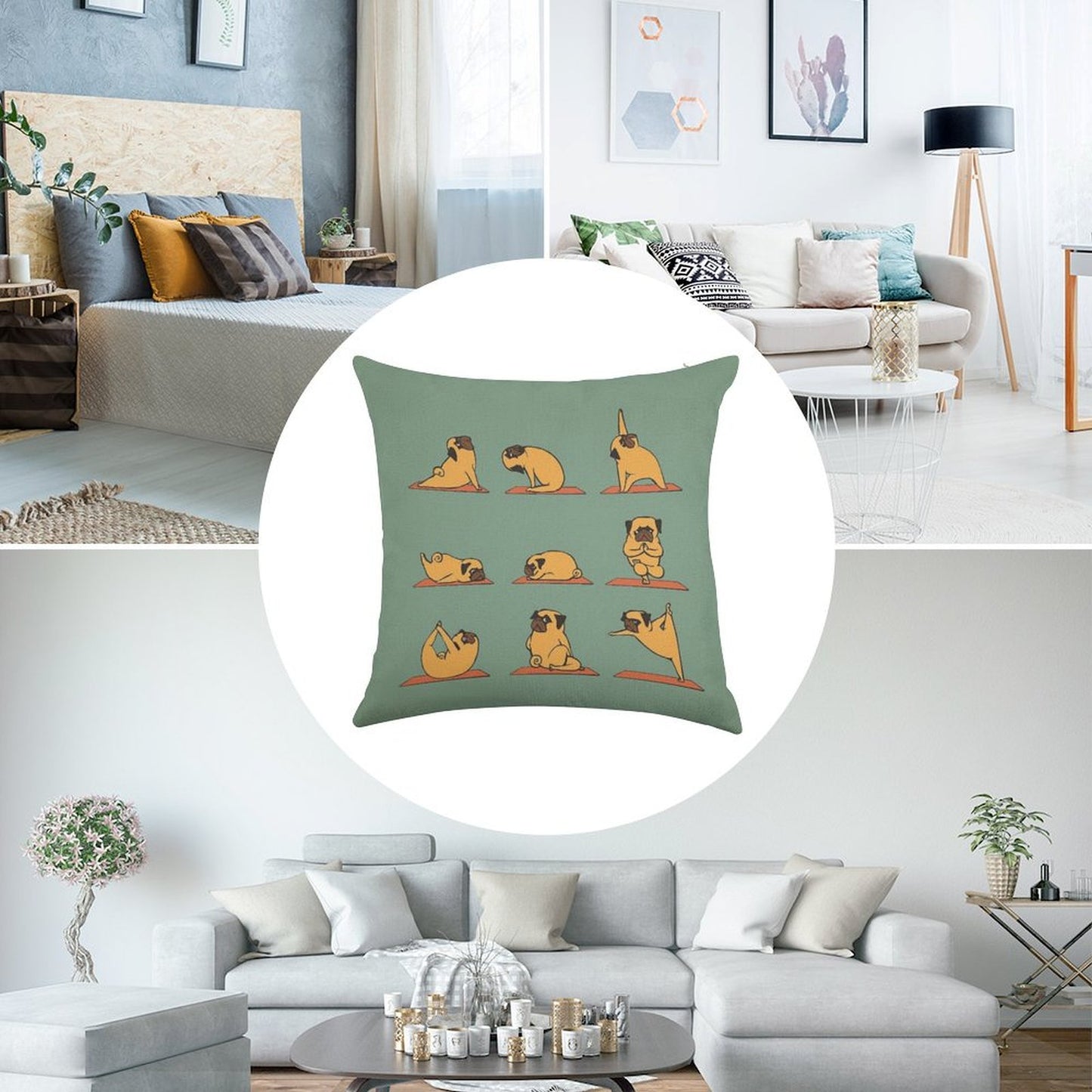 Pug Yoga Linen Throw Pillow Cover
