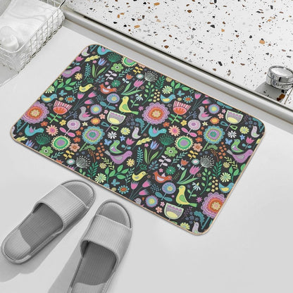 Birds And Blooms - Pastels on Black - Pretty Floral Bird Pattern by Cecca Designs  Rapid-Drying Bath Mat