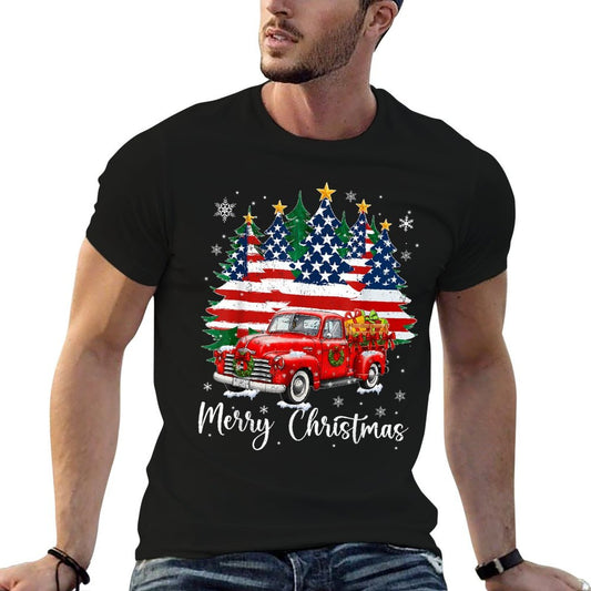 Merry Christmas Vintage Red Truck Us Tree Xmas Men  Ribbed Collar T-Shirt
