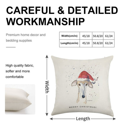 Galgo Espanol Christmas Hat Card, Brindle Greyhound Art Linen Throw Pillow Cover