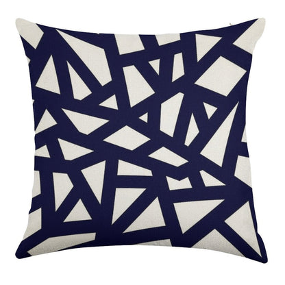 Navy Blue Thick Mosaic Lines On White Linen Throw Pillow Cover