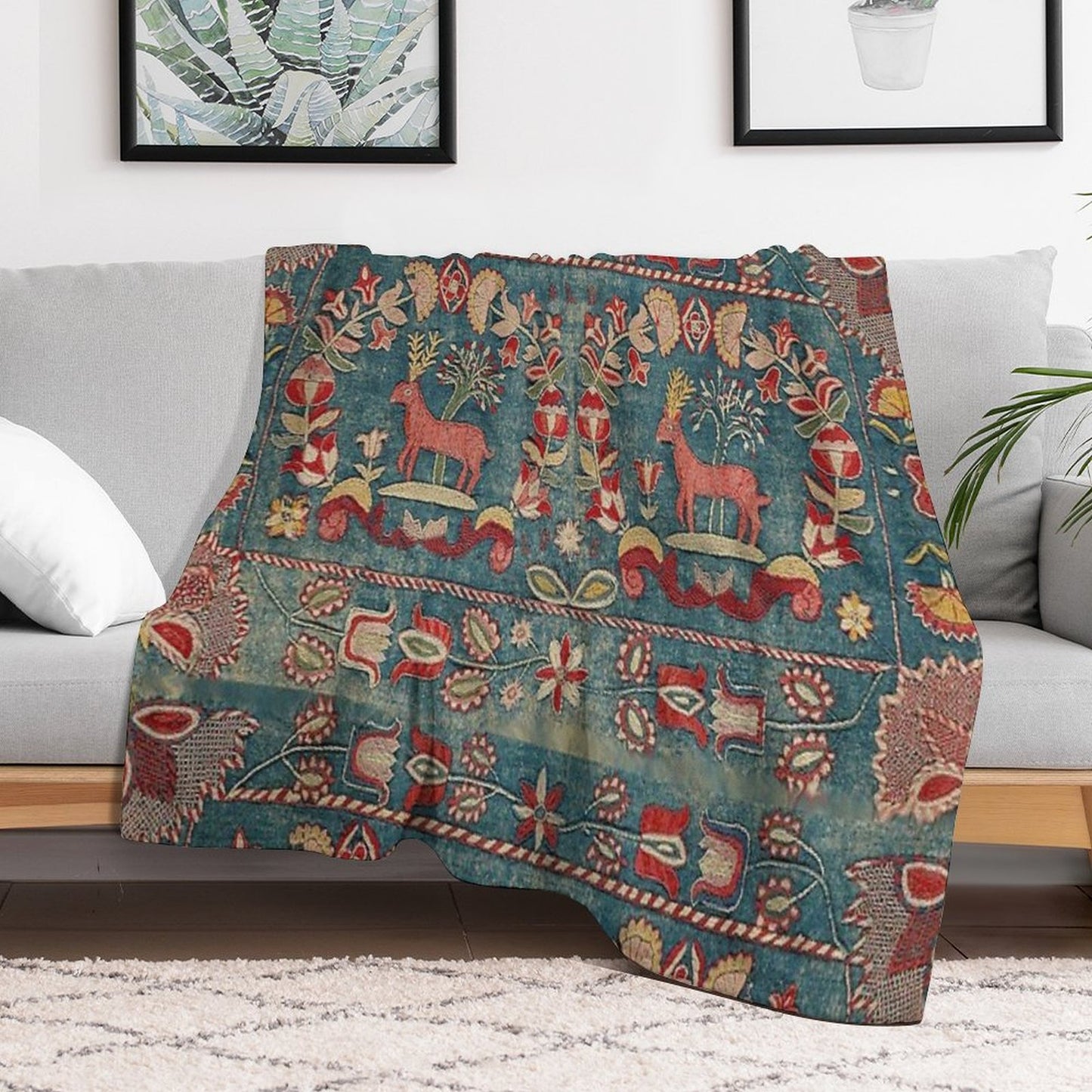 ANTIQUE  RED BLUE SWEDISH TAPESTRY WITH DEERS AND FLOWERS Throw Blanket