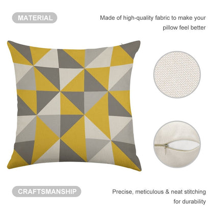 Retro Triangle Design in Yellow And Grey Linen Throw Pillow Cover