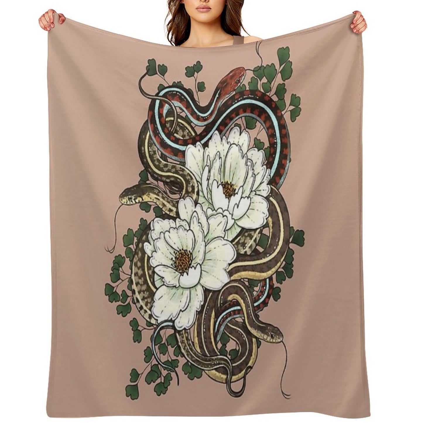 Garter Snakes with White Peonies Throw Blanket