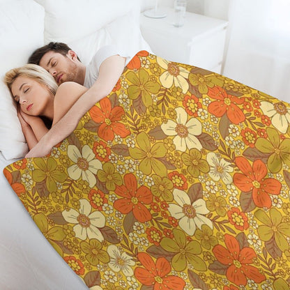 Retro 60s70s Orange & Olive Green Floral Throw Blanket