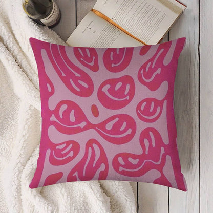 Hot Pink Melted Smiley Face Psychedelic Pattern Linen Throw Pillow Cover