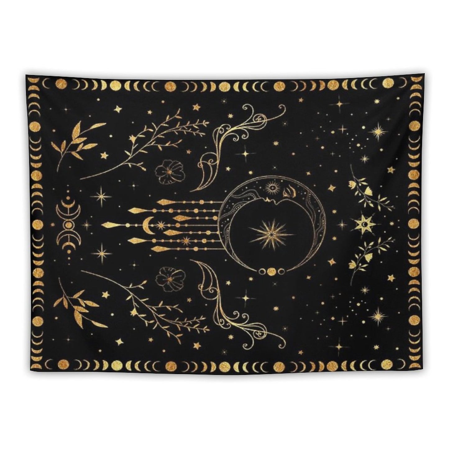 Celestial Crescent Moon with Floral Accents And Moon Phase Tapestry