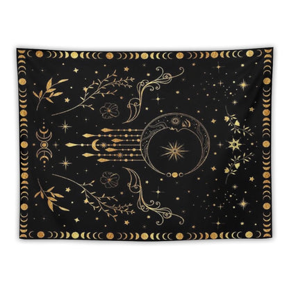 Celestial Crescent Moon with Floral Accents And Moon Phase Tapestry