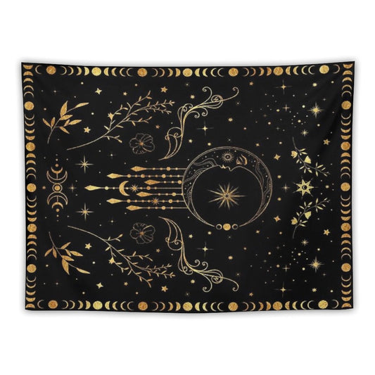 Celestial Crescent Moon with Floral Accents And Moon Phase Tapestry