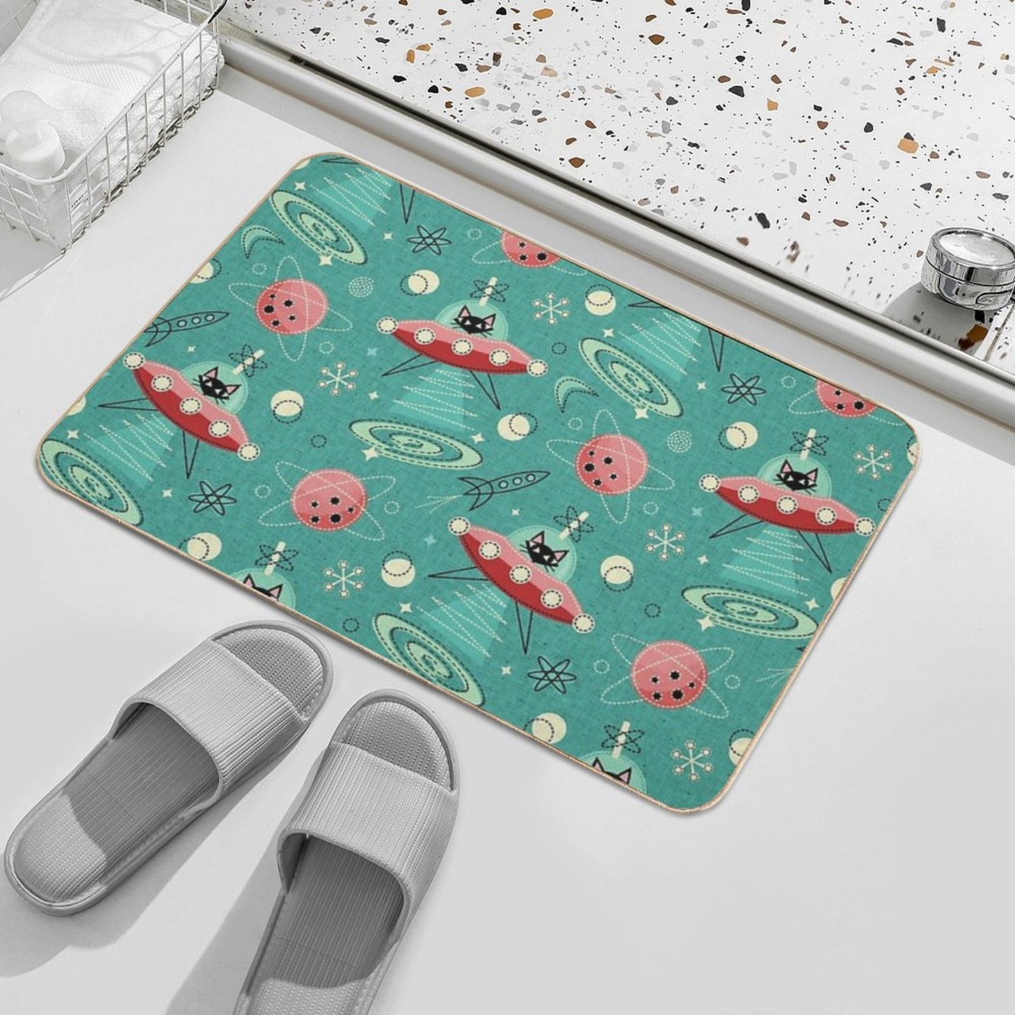 My Kitty Drives A UFO  Atomic Space Cat ©studioxtine Bath Mat