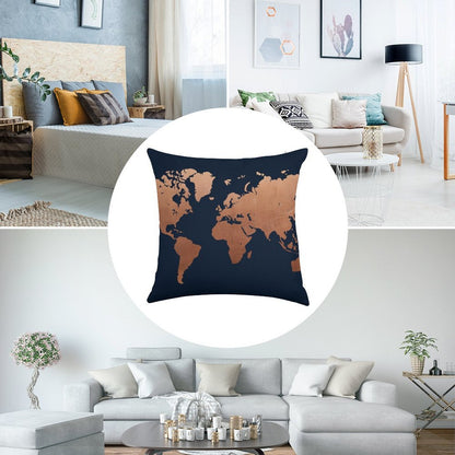 World Map - Navy Blue And Copper Linen Throw Pillow Cover