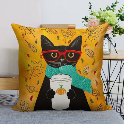 Autumn Pumpkin Coffee Cat Linen Throw Pillow Cover