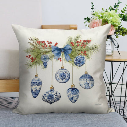 Blue Chinoiserie Christmas A Linen Throw Pillow Cover