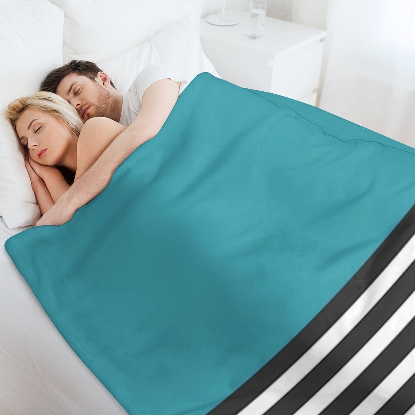 Half Striped Gray - Solid Turquoise Throw Blanket
