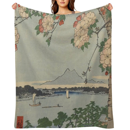 Cherry Blossoms on Spring River Ukiyo-e Japanese Art Throw Blanket