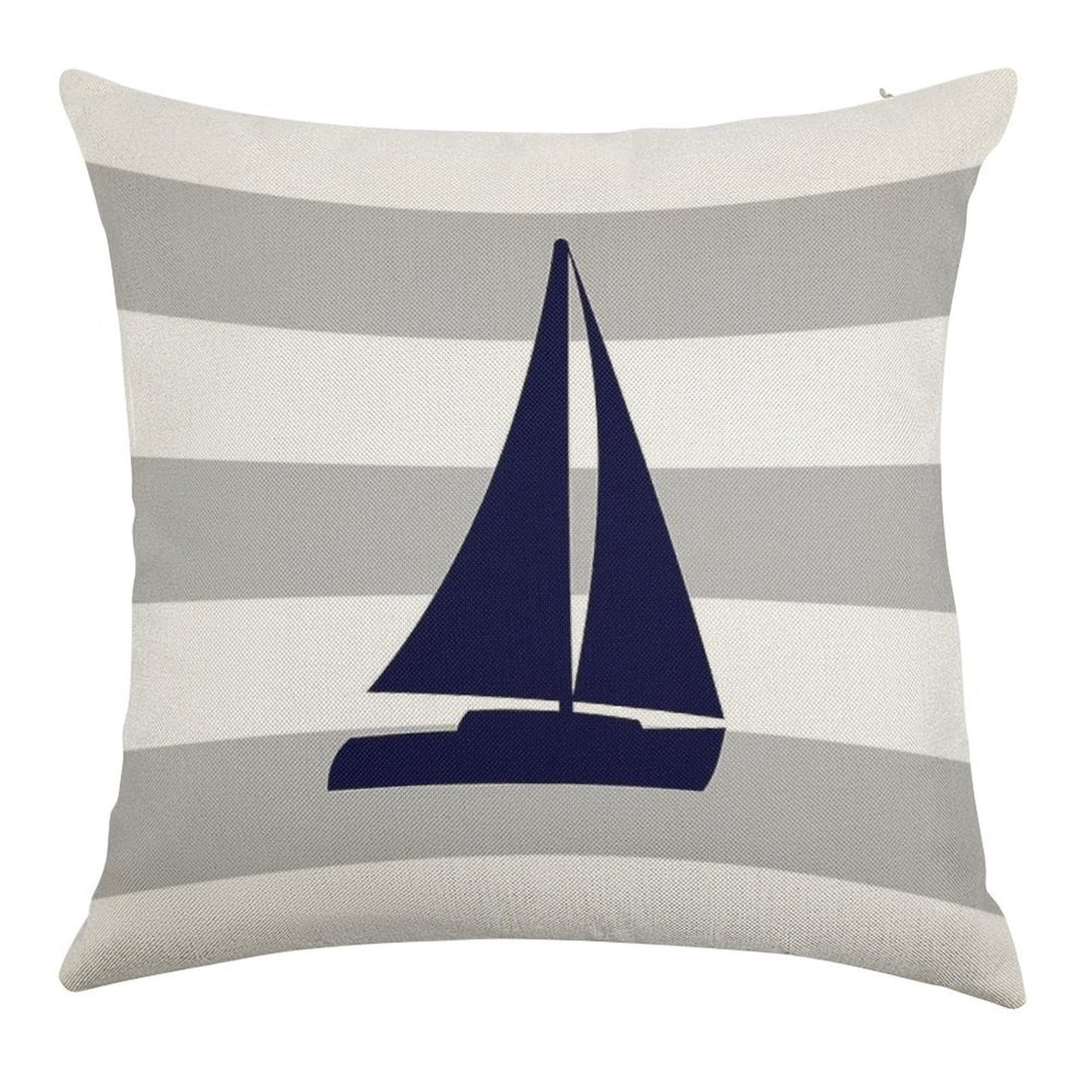 Nautical Navy Blue Sailboat On Silver Gray Stripes Linen Throw Pillow Cover