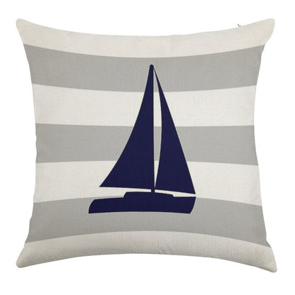 Nautical Navy Blue Sailboat On Silver Gray Stripes Linen Throw Pillow Cover
