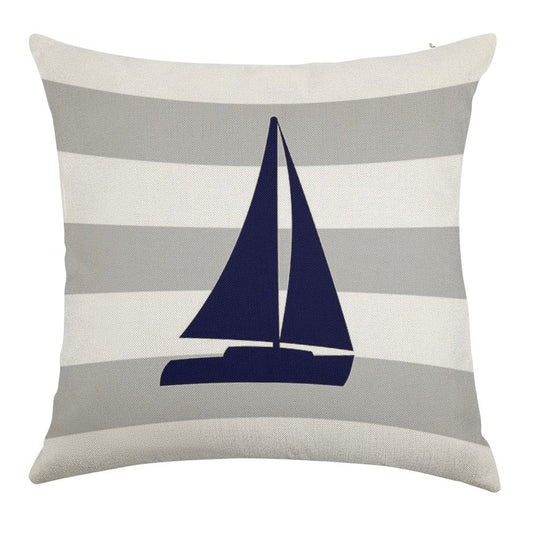 Nautical Navy Blue Sailboat On Silver Gray Stripes Linen Throw Pillow Cover