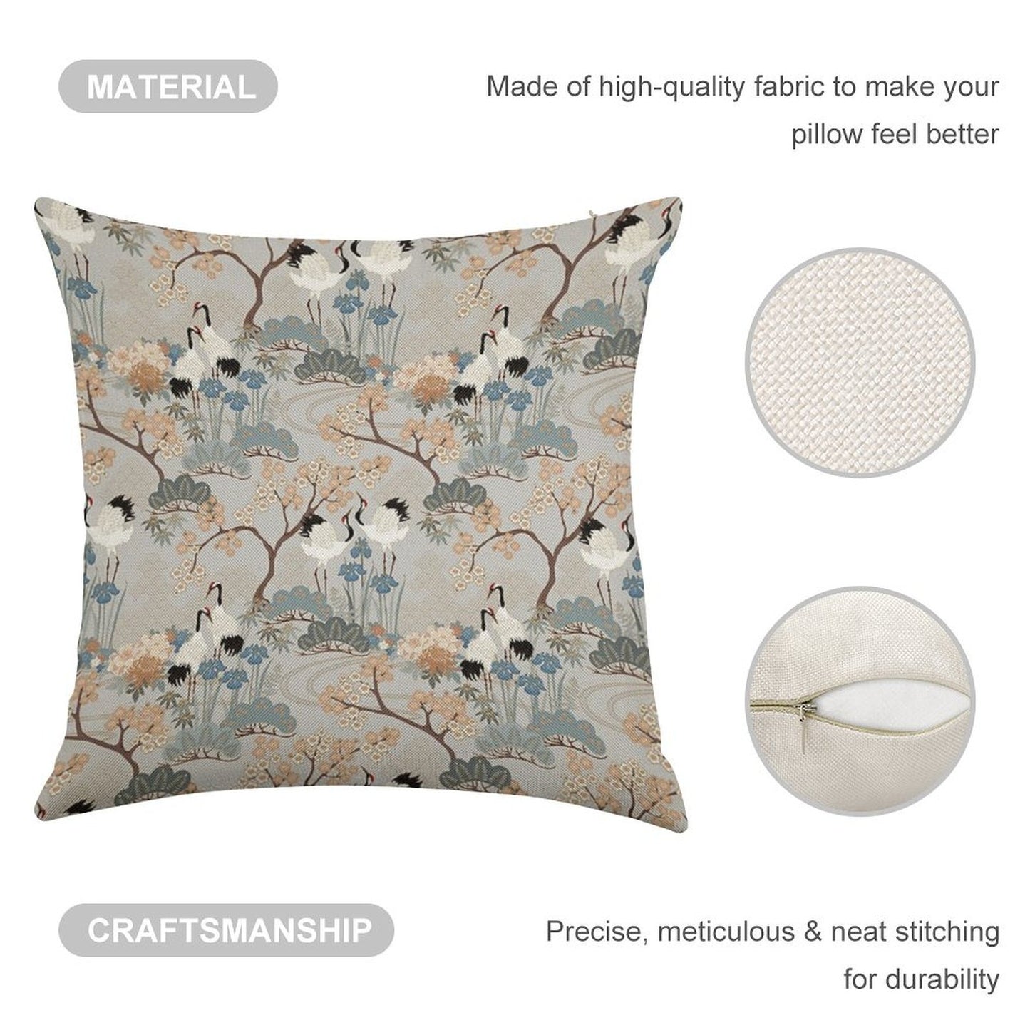 Japanese Garden Gray Linen Throw Pillow Cover