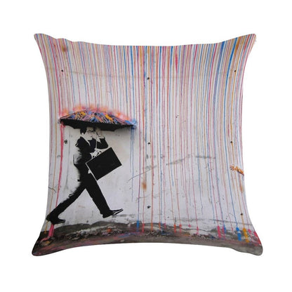 Banksy Umbrella Rainbow Happy Girl Soft Luxury Feel Throw Pillow