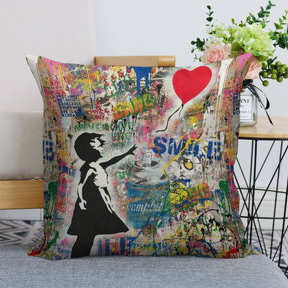 Balloon Girl Street Art Mashup Linen Throw Pillow Cover