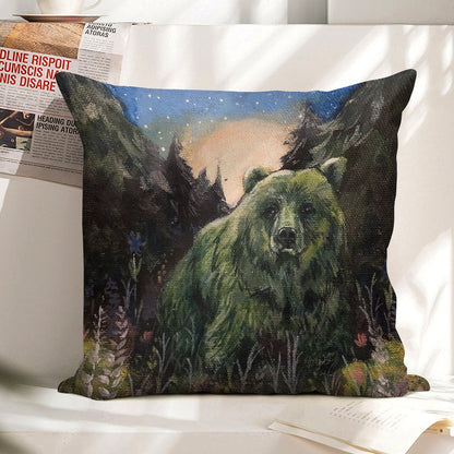 Sweet Grass Green Bear Linen Throw Pillow Cover