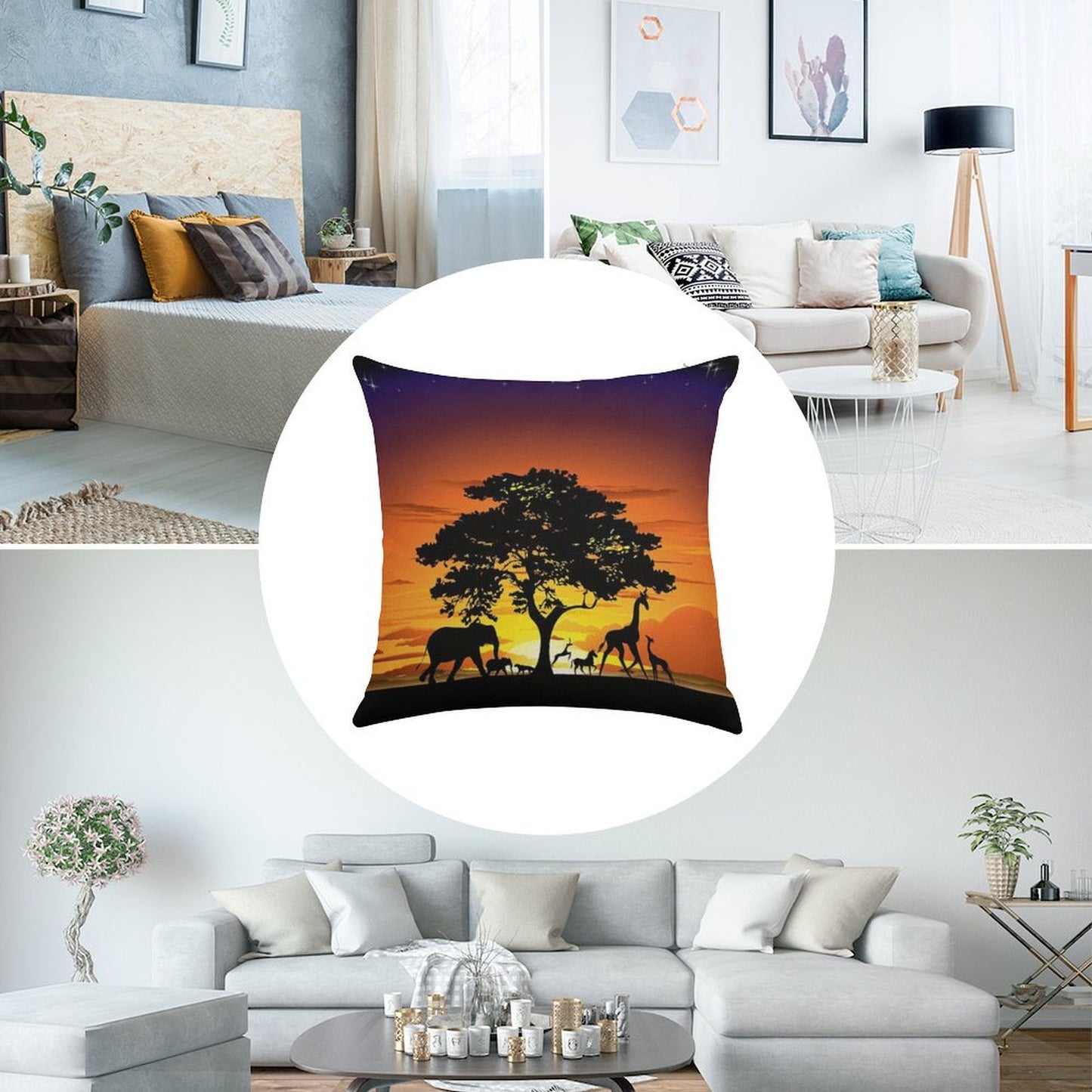 Wild Animals on African Savanna Sunset Linen Throw Pillow Cover