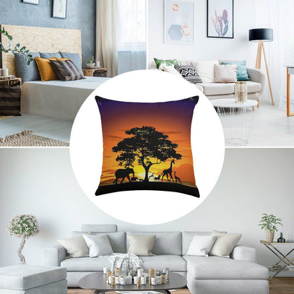 Wild Animals on African Savanna Sunset Linen Throw Pillow Cover