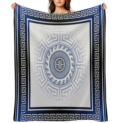 Greek Key Meander Blue White Silver Throw Blanket