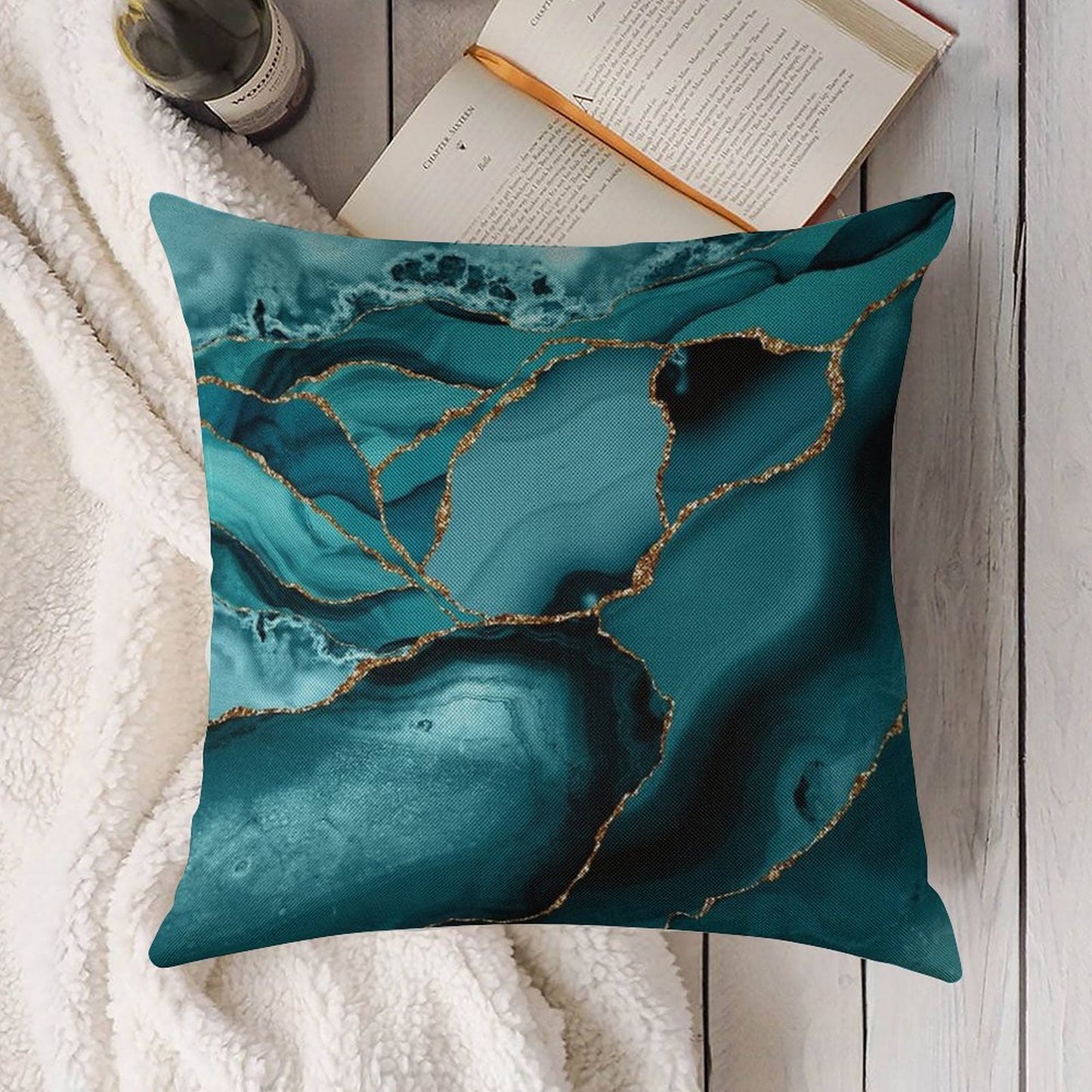 Teal And Gold Faux Marble Landscape Waves Linen Throw Pillow Cover