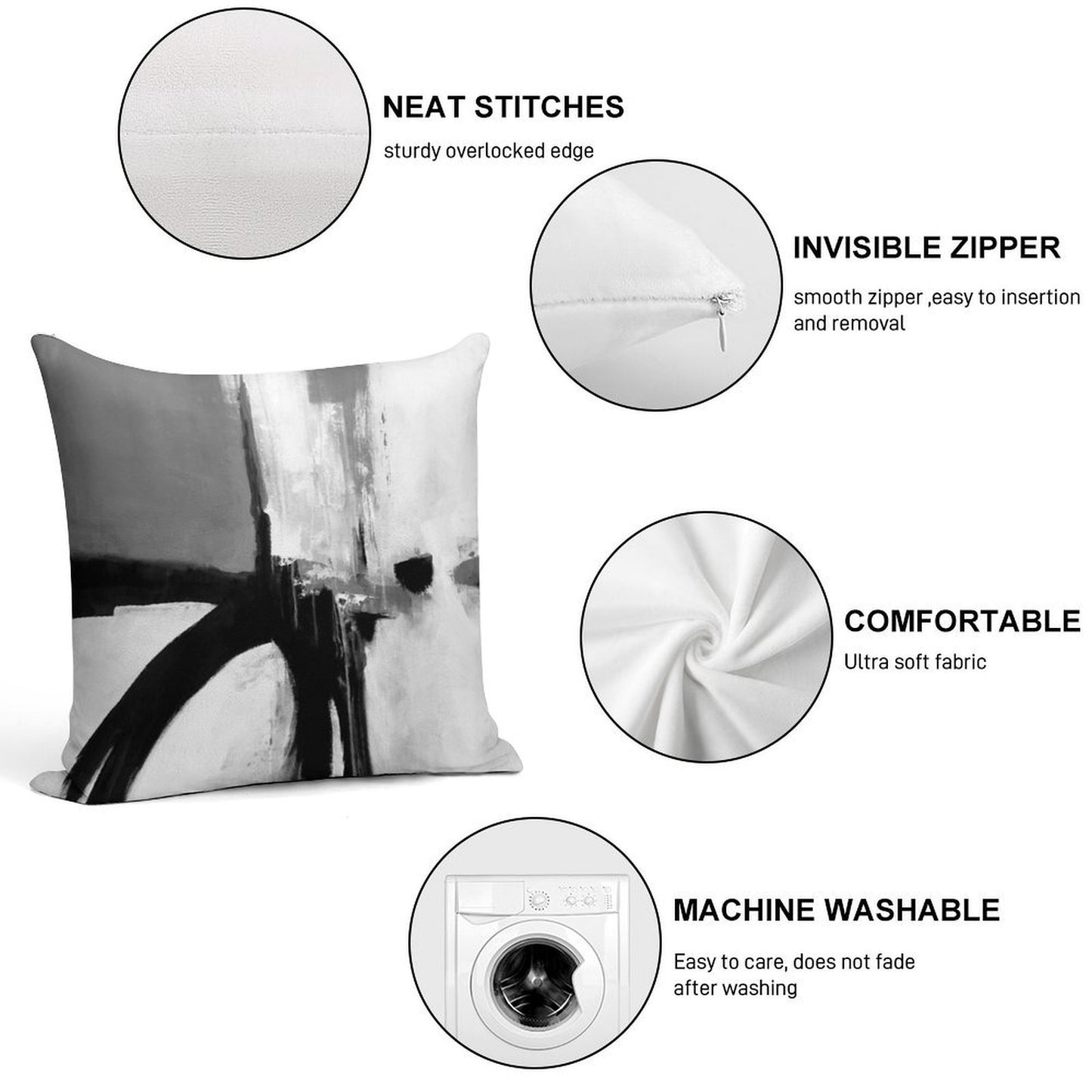 Black White Grey Abstract Soft Easy Maintenance Throw Pillow