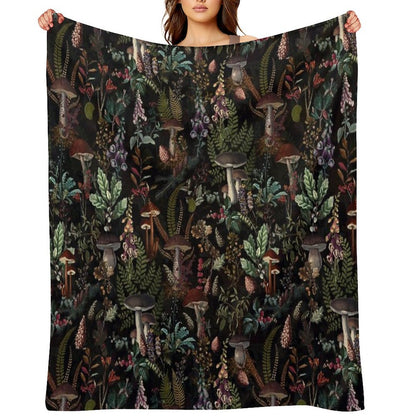 Vintage Mysterious Mushrooms Forest Botanical Botanical Night Garden Pattern NightGarden Throw Blanket