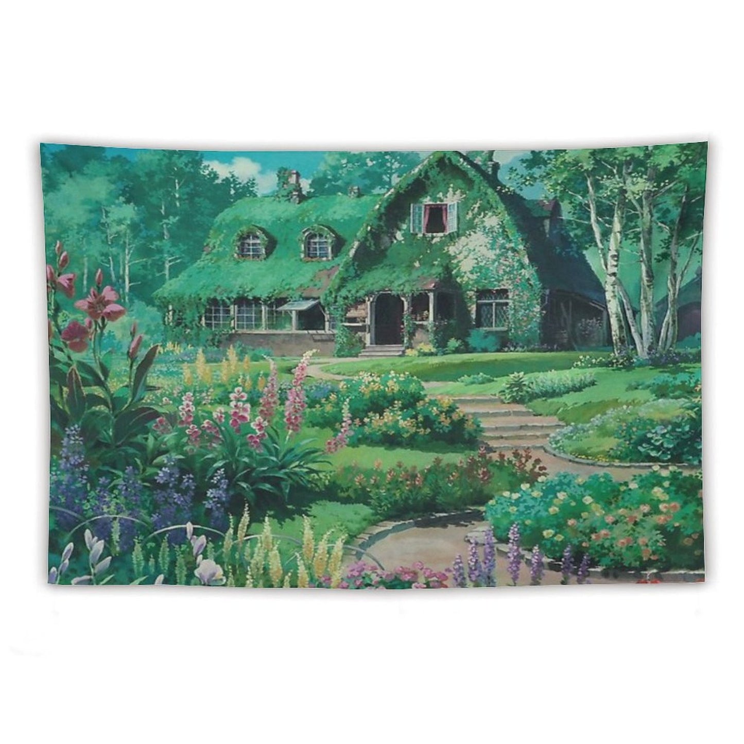 Anime Movie House with Flowers Scenery Tapestry