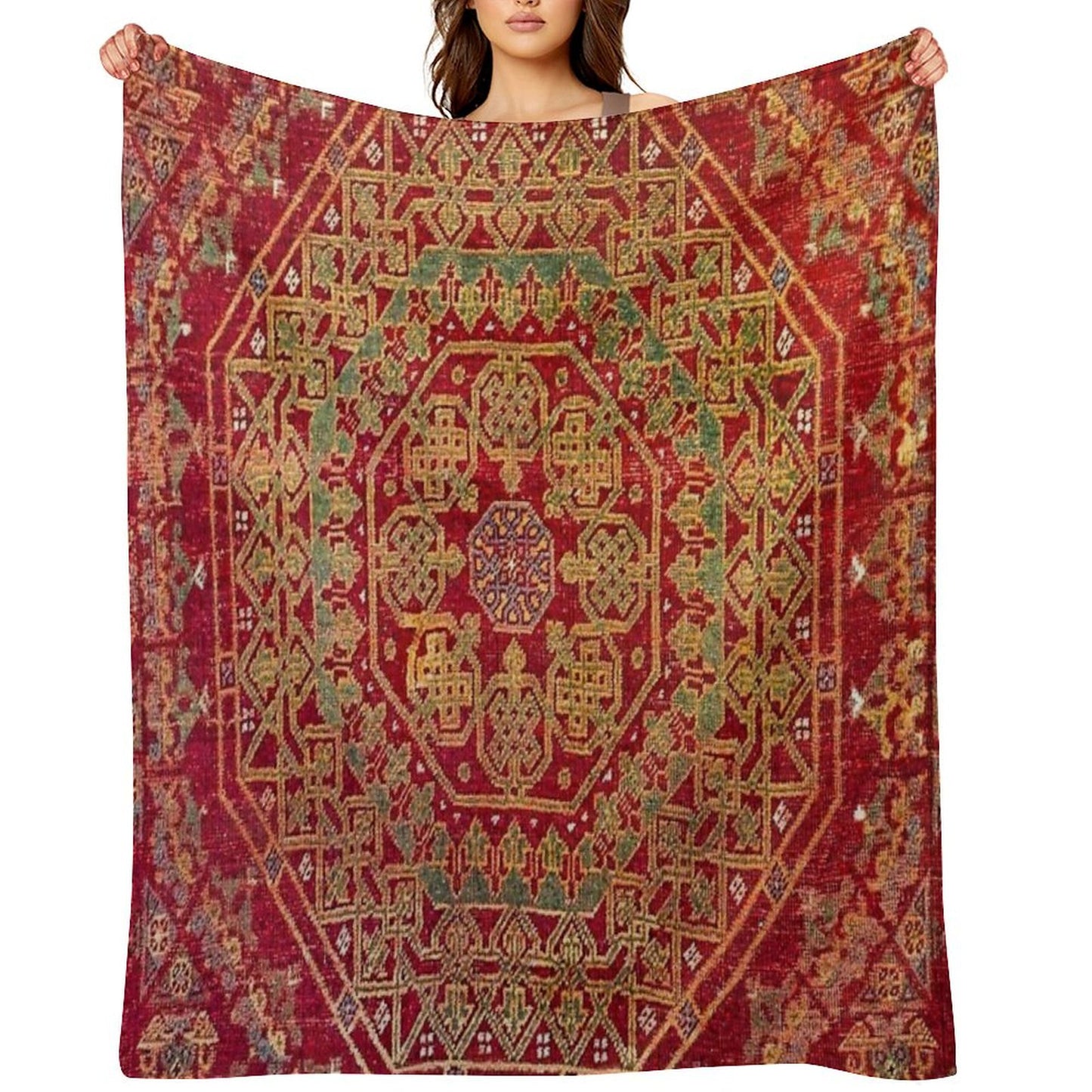 Bohemian Medallion VII  15th Century Old Distressed Red Green Coloful Ornate Accent Rug Pattern Throw Blanket