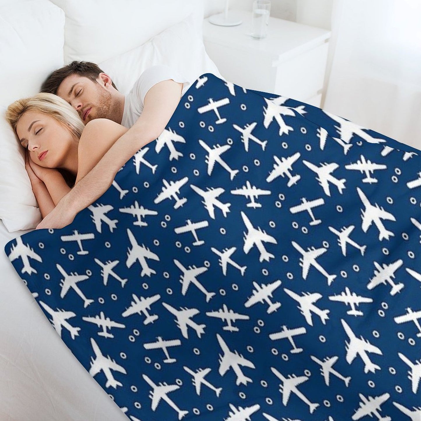 Blue And White Aeroplanes Silhouette Pattern Throw Blanket