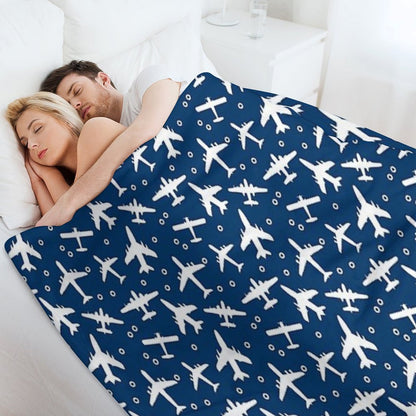 Blue And White Aeroplanes Silhouette Pattern Throw Blanket