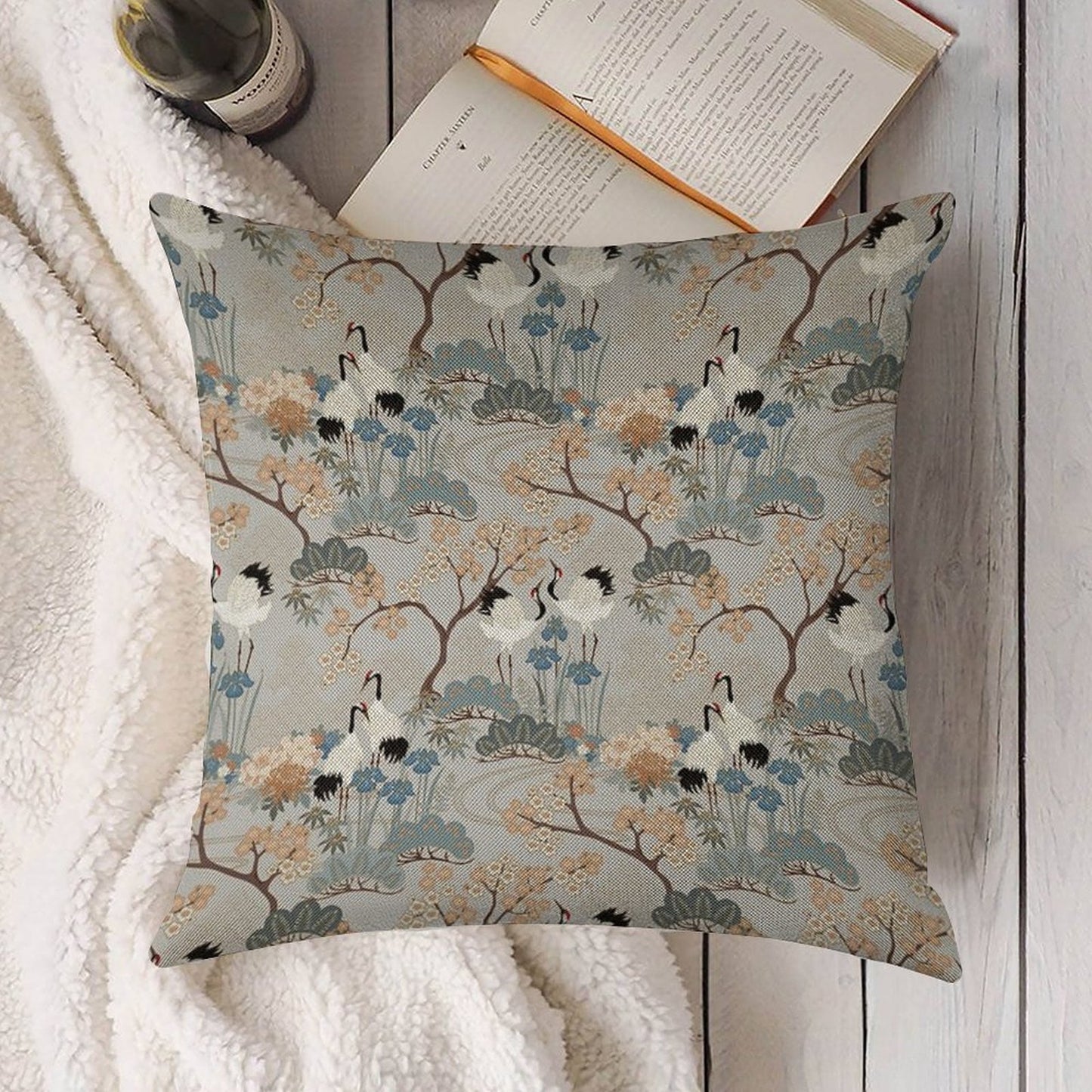 Japanese Garden Gray Linen Throw Pillow Cover