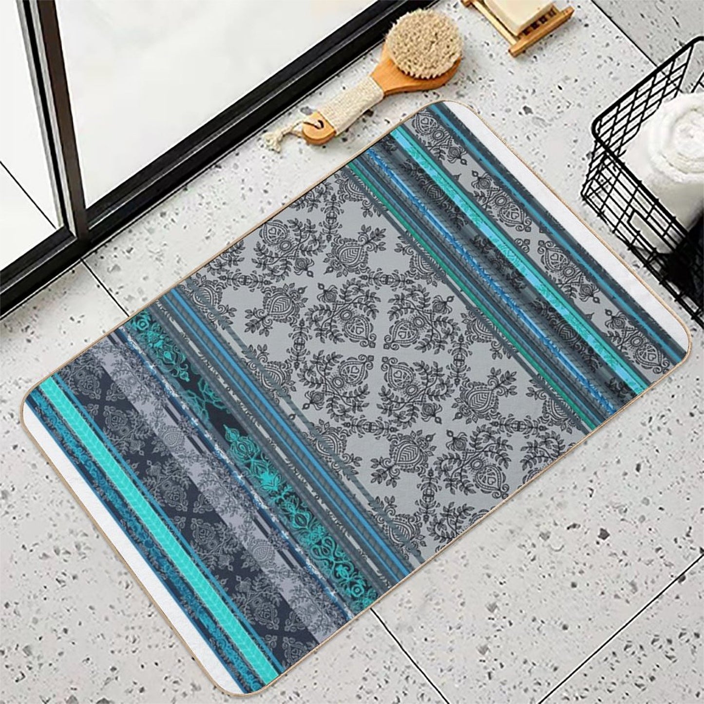 Teal, Aqua & Grey Vintage Bohemian Wallpaper Bath Mat